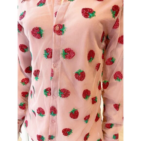 Lirika Matoshi Strawberry Button Down Sheer Shirt Glitter Pink Small - Picture 10 of 11
